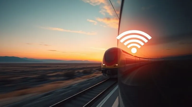 A photorealistic, professional photography, 8K, cinematic lighting, sharp focus, depth of field, shot on a high-end DSLR image of a modern, high-speed train speeding through a breathtaking, expansive landscape at sunset. A subtle, ethereal overlay of a strong, glowing Wi-Fi signal icon emanates from the train, symbolizing seamless connectivity amidst the vastness. The mood is empowering, futuristic, and adventurous, highlighting the blend of travel and technology.