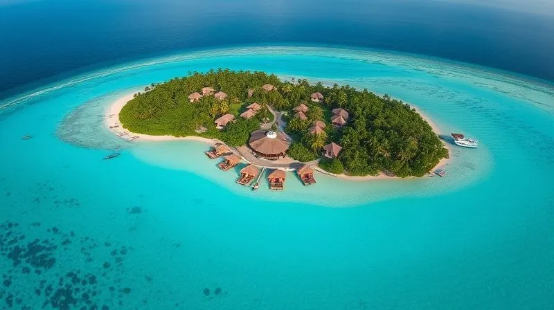 A photorealistic aerial shot of a luxurious, secluded private island resort with individual villas nestled discreetly among lush tropical foliage, surrounded by clear turquoise waters. 8K, cinematic lighting, sharp focus on the resort layout, depth of field blurring the distant ocean, shot on a high-end drone camera.