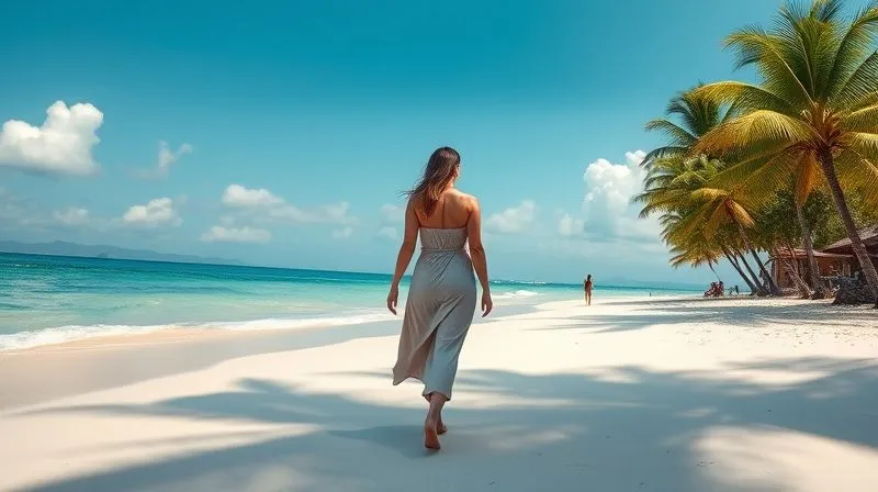 A photorealistic image from a low angle, showing a person (unidentifiable, perhaps back turned or blurred) walking calmly on a pristine, uncrowded tropical beach. They are dressed in understated, elegant beachwear. The scene emphasizes serenity and anonymity. 8K, cinematic lighting, sharp focus on the person and immediate surroundings, depth of field blurring the background, shot on a high-end DSLR.