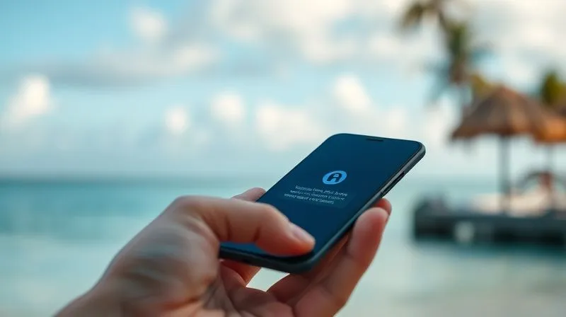 A photorealistic close-up of a sleek, minimalist smartphone screen displaying encrypted communication or a secure travel itinerary, with a blurred backdrop of a tranquil tropical beach. The focus is on digital security and discretion. 8K, cinematic lighting, sharp focus on the phone screen, depth of field blurring the background, shot on a high-end DSLR.