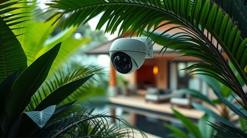 A photorealistic image of a subtle, high-tech security camera discreetly integrated into the natural environment of a luxury tropical villa, blending seamlessly with exotic plants. It suggests vigilance without being intrusive. 8K, cinematic lighting, sharp focus on the camera and surrounding foliage, depth of field blurring the villa in the background, shot on a high-end DSLR.