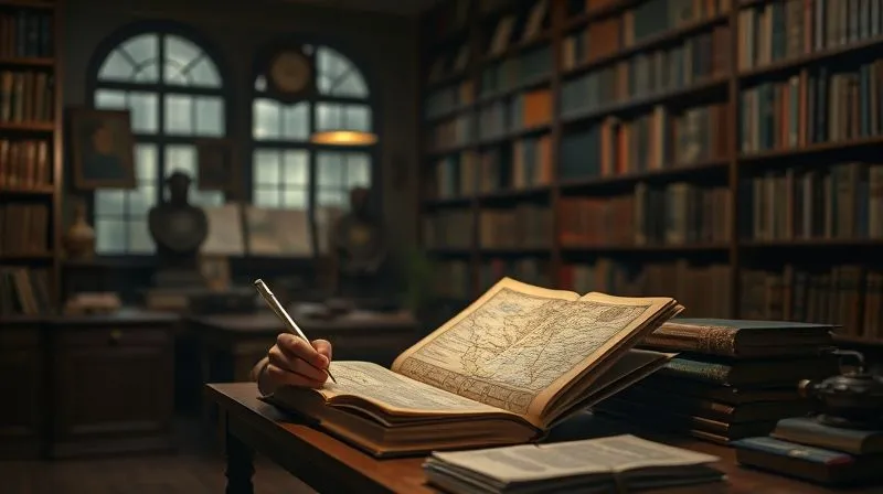 A photorealistic image of a researcher meticulously studying ancient texts and maps in a dimly lit, traditional library, surrounded by cultural artifacts. Soft, warm light illuminates the desk, emphasizing the deep focus and dedication. 8K, professional photography, sharp focus, depth of field, shot on a high-end DSLR.