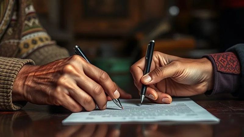 A photorealistic image of two hands, one weathered and elderly from an indigenous community, the other younger and holding a pen, poised over a document. Their eyes meet in a gesture of serious, respectful contemplation and discussion, not just signing. The background is a humble, culturally rich interior. 8K, professional photography, sharp focus, depth of field, shot on a high-end DSLR.