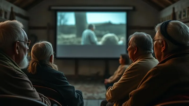 A photorealistic image of a small group of indigenous community elders and a filmmaker intently watching a documentary film on a projector screen in a humble, community hall. Their faces show contemplation and engagement, indicating a collaborative review process. Soft, ambient lighting, creating a respectful atmosphere. 8K, professional photography, sharp focus, depth of field, shot on a high-end DSLR.