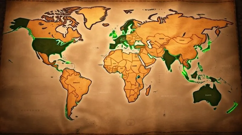 A photorealistic, professional photography, 8K, cinematic lighting, sharp focus, depth of field, shot on a high-end DSLR, of a vintage-style world map with highlighted coffee-growing regions in vibrant green, interconnected by subtle, glowing lines leading to small, illustrative icons representing ethical sourcing, direct trade, and farmer empowerment. The map is overlaid with a faint, transparent texture of coffee beans, creating a sense of global connection and responsible discovery.