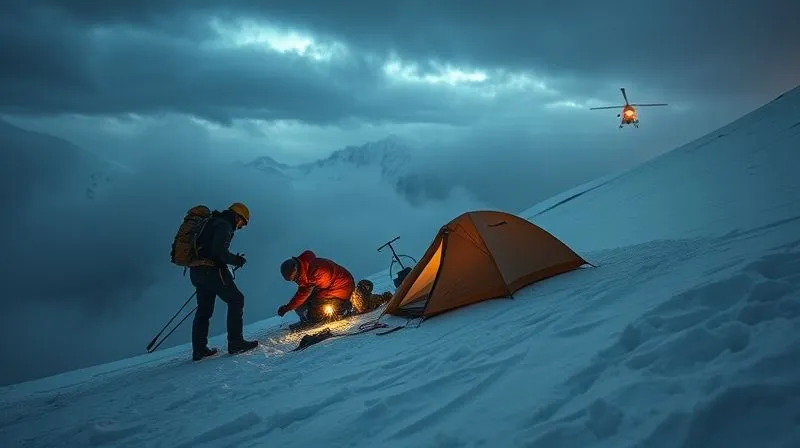 A photorealistic, professional photography, 8K image depicting a tense moment during a high-altitude wilderness rescue operation on a steep, snow-covered slope, a rescue team member attending to an injured client near a small, collapsed tent, a helicopter visible in the distance against a stormy sky, dramatic cinematic lighting, sharp focus on the immediate rescue scene, depth of field capturing the vast, unforgiving mountain environment, shot on a high-end DSLR.