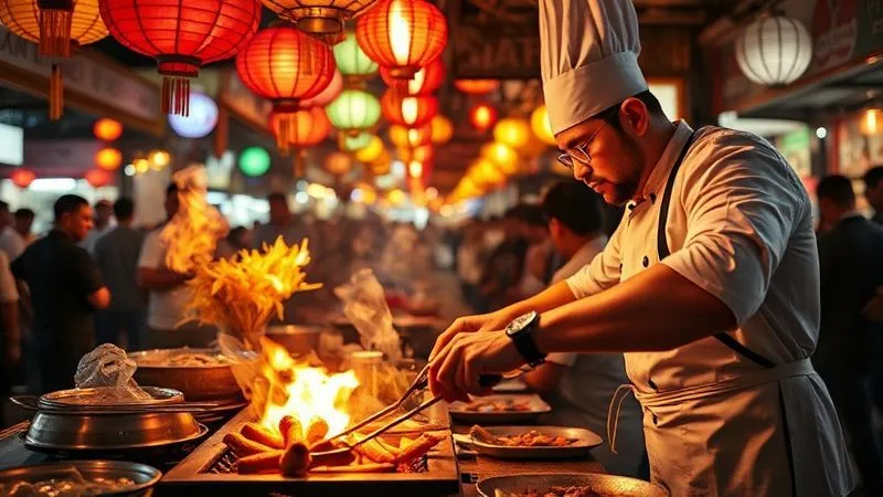 A photorealistic, professional photography shot of a vibrant street food stall in a bustling Asian night market, with a chef expertly preparing a sizzling dish over an open flame. The scene is illuminated by warm, colorful lanterns, casting intricate shadows. Focus is sharp on the chef's hands and the cooking food, depth of field blurs the lively crowd and other stalls in the background, 8K hyper-detailed, shot on a high-end DSLR. A photorealistic, professional photography shot of a vibrant street food stall in a bustling Asian night market, with a chef expertly preparing a sizzling dish over an open flame. The scene is illuminated by warm, colorful lanterns, casting intricate shadows. Focus is sharp on the chef's hands and the cooking food, depth of field blurs the lively crowd and other stalls in the background, 8K hyper-detailed, shot on a high-end DSLR.