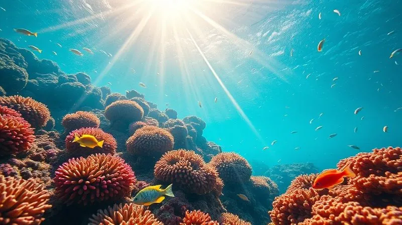 photorealistic, professional photography, 8K, cinematic lighting, sharp focus, depth of field, shot on a high-end DSLR, a vibrant, healthy coral reef teeming with colorful fish, sun rays piercing through impossibly clear turquoise water, showcasing the natural filtering effect of the ecosystem.