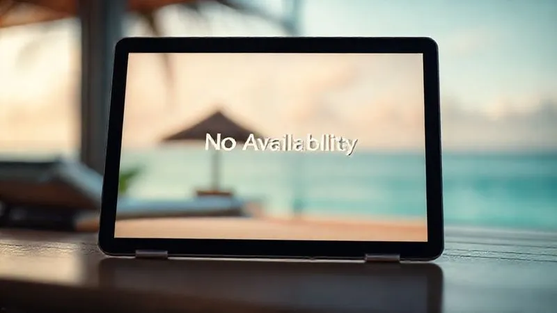 A photorealistic, professional photography, 8K, cinematic lighting, sharp focus, depth of field, shot on a high-end DSLR image of a sleek, modern tablet displaying a 'No Availability' message, with a blurred, inviting beach scene in the background, conveying frustration and missed opportunity.