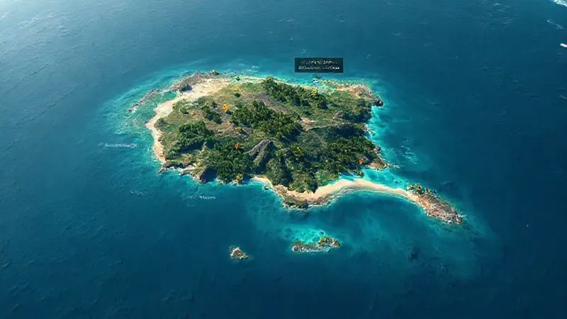 A photorealistic digital map interface showing a detailed satellite view of a remote tropical island, with overlays indicating potential private access points and hidden beaches, data points highlighting environmental factors, professional UI design, 8K, cinematic lighting.