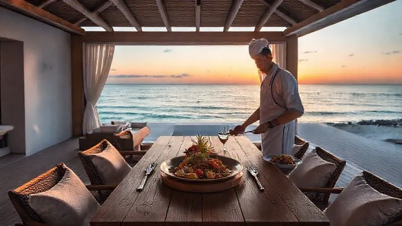 A photorealistic scene inside a minimalist, open-air luxury beach villa, a private chef presenting a gourmet meal on a wooden table overlooking the ocean at sunset, soft ambient lighting, sharp focus on the food and view, 8K, professional photography, depth of field.