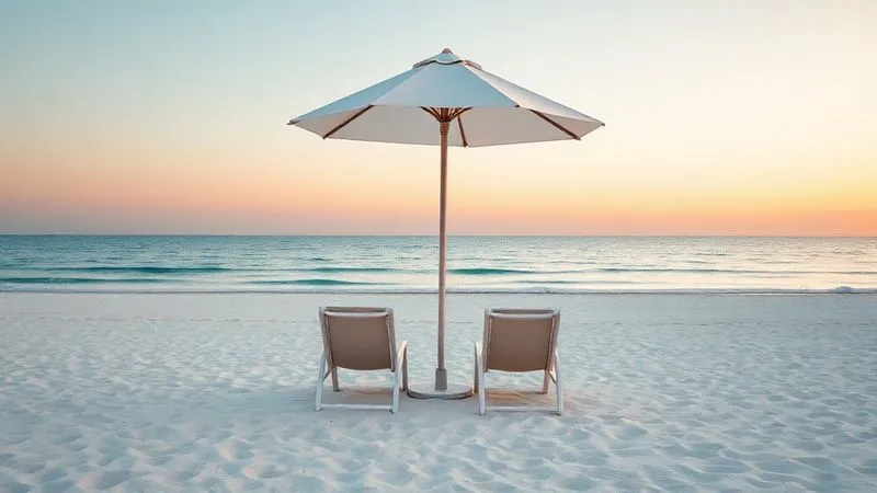 A lone beach umbrella and two empty beach chairs facing a calm, pristine white sand beach at sunset, with soft orange and pink hues reflecting on the water. No people visible. Photorealistic, professional photography, 8K, cinematic lighting, sharp focus, depth of field, shot on a high-end DSLR.