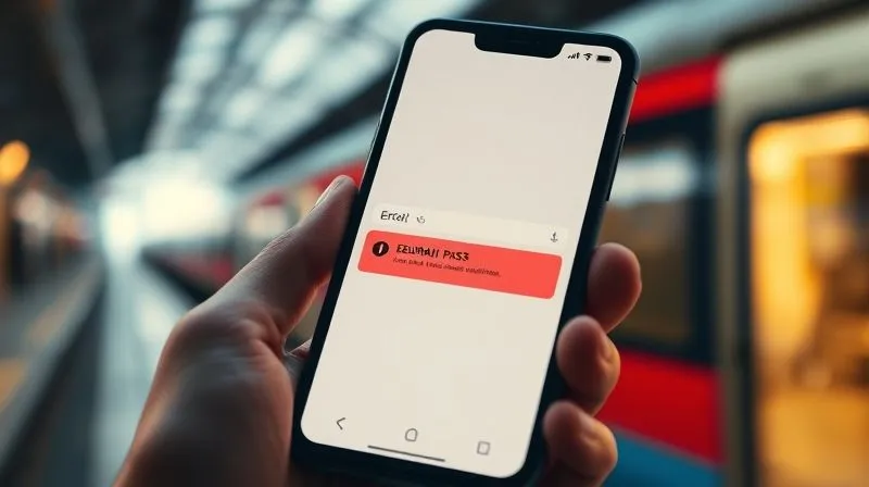 A close-up photorealistic image of a digital Eurail pass on a smartphone screen, displaying a subtle red 'error' notification, held in a professional hand. Cinematic lighting, sharp focus, depth of field blurring a train station background, 8K hyper-detailed.