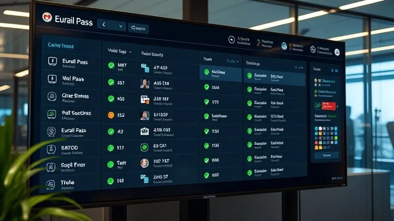 Photorealistic image of a sophisticated corporate travel dashboard on a large monitor, showing various Eurail pass bookings and their statuses, with green checkmarks indicating successful validation. Professional photography, 8K, cinematic lighting, sharp focus, depth of field, shot on a high-end DSLR.