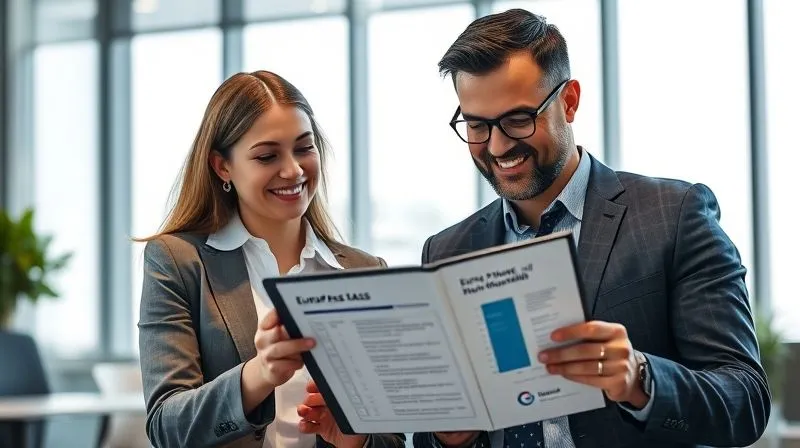 A photorealistic image of two corporate travel managers collaboratively reviewing a detailed Eurail pass management checklist on a tablet, smiling reassuringly, in a modern office setting. Professional photography, 8K, cinematic lighting, sharp focus, depth of field, shot on a high-end DSLR.