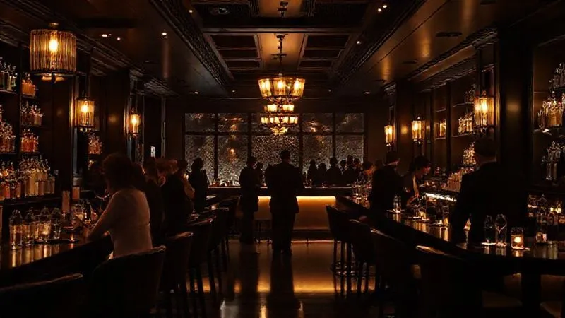A photorealistic, professional photography image of a dimly lit, high-end bar interior with a few impeccably dressed patrons, a sense of quiet luxury and exclusivity. The focus is on the sophisticated ambiance, with soft, warm cinematic lighting, 8K, sharp focus, depth of field, shot on a high-end DSLR.