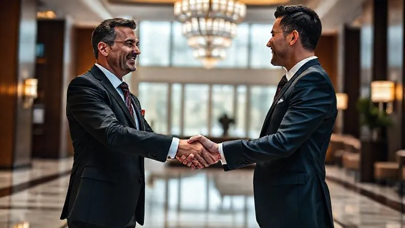 A photorealistic, professional photography shot of two well-dressed individuals, a luxury concierge and a client representative, shaking hands warmly in a sophisticated hotel lobby. The interaction conveys trust and mutual respect, with soft, inviting cinematic lighting, 8K, sharp focus on their hands and faces, depth of field blurring the background, shot on a high-end DSLR.