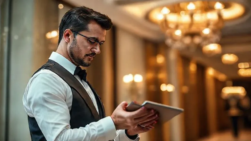 A photorealistic, professional photography image of a luxury travel concierge discreetly checking a tablet, ensuring all details are perfect before a client's arrival at an elegant venue entrance. Focus on the concierge's attentive, professional demeanor, with soft, inviting cinematic lighting, 8K, sharp focus, depth of field, shot on a high-end DSLR.