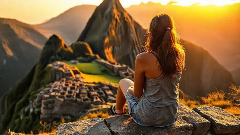 A photorealistic image of a solo female traveler, inspired by Maya's story, sitting contemplatively on a stone bench overlooking Machu Picchu at sunrise. She is looking out at the ancient city, back slightly turned to the camera, showcasing the vastness of the landscape. Cinematic golden hour light, sharp focus on the traveler, depth of field blurring the distant ruins, 8K, shot on a high-end DSLR.