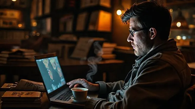 Photorealistic, professional photography, 8K, cinematic lighting, sharp focus, depth of field, shot on a high-end DSLR. A traveler sits in a dimly lit, cozy cafe, surrounded by travel books and a laptop displaying a map. Their face is illuminated by the screen, showing focused concentration as they research ancient traditions and local customs of a distant festival. A cup of tea steams gently beside them. Emphasize quiet preparation and intellectual curiosity.