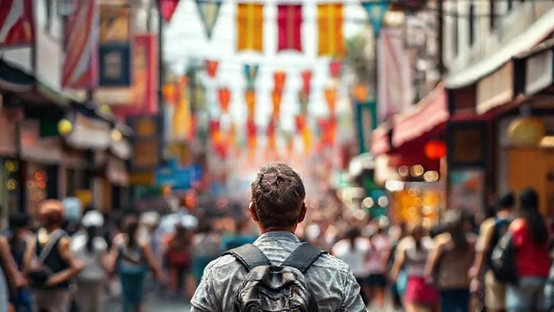 Photorealistic, professional photography, 8K, cinematic lighting, sharp focus, depth of field, shot on a high-end DSLR. A solo traveler, seen from behind, stands at a bustling, colorful street festival crossroads, looking contemplatively at two divergent paths. One path is clearly the main tourist route, packed with people, while the other is a narrower, less crowded alleyway leading to unknown local activity. The atmosphere is vibrant and chaotic, but the traveler appears calm and open to discovery.