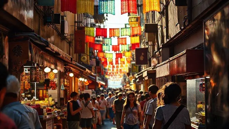 Photorealistic, professional photography, 8K, cinematic lighting, sharp focus, depth of field, shot on a high-end DSLR. A narrow, vibrant alleyway at a bustling festival, leading away from the main chaotic street. Sunlight filters through colorful banners, illuminating small, local food stalls and a group of locals laughing and chatting. The alley offers a sense of intimate discovery and authenticity, contrasting with the blurred, distant main crowd.