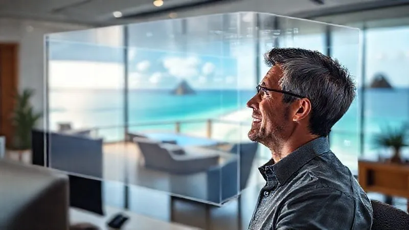 photorealistic, professional photography, 8K, cinematic lighting, sharp focus, depth of field, shot on a high-end DSLR. A person in a modern office looking intently at a large, transparent holographic display showing a detailed 3D virtual tour of a luxury resort, specifically focusing on a balcony with an unobstructed ocean view. The screen displays interactive elements, and the person's face shows concentration and satisfaction, representing advanced travel planning technology.