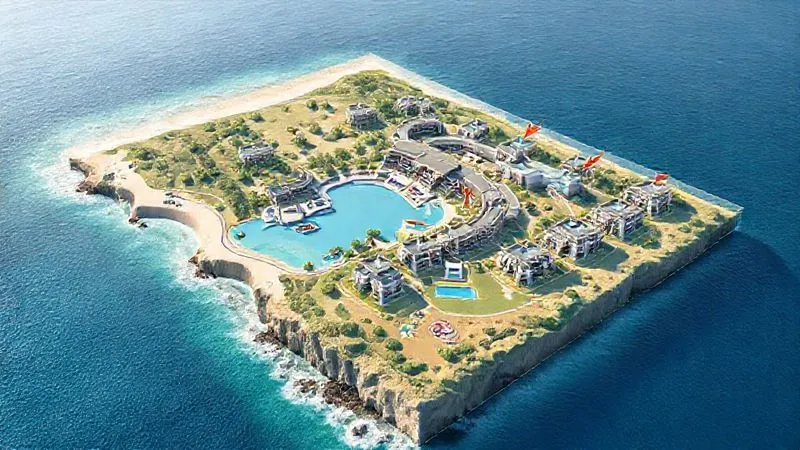 photorealistic, professional photography, 8K, cinematic lighting, sharp focus, depth of field, shot on a high-end DSLR. A detailed, vibrant 3D topographic map of a luxury resort complex situated on a coastline, viewed from a slightly elevated angle. The map clearly shows individual buildings, pools, and landscape features. A transparent overlay highlights specific room blocks with arrows indicating optimal ocean view directions and potential obstruction zones, demonstrating meticulous planning for guest views.