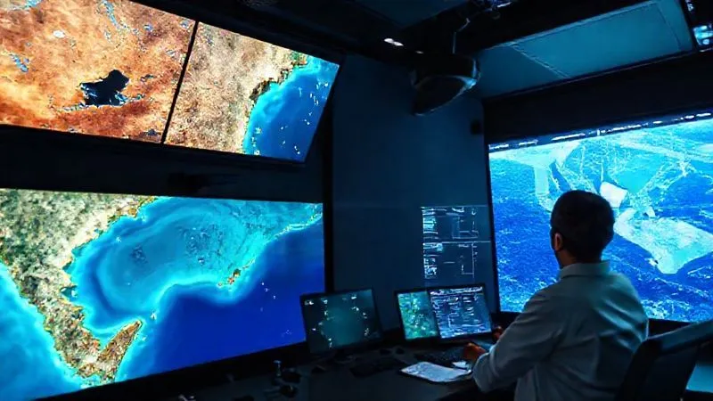 A high-tech control room display showing real-time satellite imagery of a coastline, overlaid with data points and predictive models for water clarity, a marine scientist analyzing the data, photorealistic, professional photography, 8K, cinematic lighting, sharp focus, depth of field. A high-tech control room display showing real-time satellite imagery of a coastline, overlaid with data points and predictive models for water clarity, a marine scientist analyzing the data, photorealistic, professional photography, 8K, cinematic lighting, sharp focus, depth of field.