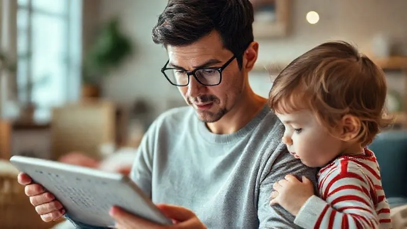 photorealistic, professional photography, 8K, cinematic lighting, sharp focus, depth of field, shot on a high-end DSLR. A modern parent, looking slightly overwhelmed but determined, glancing at a complex digital calendar on a tablet while a child tugs gently at their sleeve, yearning for attention. The background is a soft blur of a busy but warm home environment, conveying the constant juggle of family life.