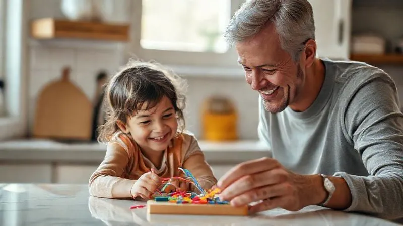 photorealistic, professional photography, 8K, cinematic lighting, sharp focus, depth of field, shot on a high-end DSLR. A child (around 7 years old) and a parent sharing a genuine smile, focused on a small, colorful craft project on a kitchen counter, bathed in soft morning light. The scene should feel intimate and joyful, emphasizing shared attention and a simple, engaging activity.