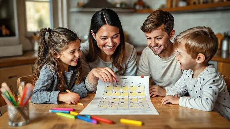 photorealistic, professional photography, 8K, cinematic lighting, sharp focus, depth of field, shot on a high-end DSLR. A parent and two children (around ages 6 and 9) gathered around a kitchen table, smiling and pointing at a simple paper calendar or drawing. They are collaboratively planning activities, with colorful markers and sticky notes. The scene should exude warmth, creativity, and shared decision-making.