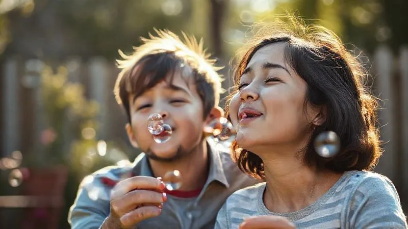 photorealistic, professional photography, 8K, cinematic lighting, sharp focus, depth of field, shot on a high-end DSLR. A parent and child (around 5 years old) are engaged in a simple, joyful activity like blowing bubbles in a sunlit backyard. The scene should convey a sense of calm, presence, and genuine connection, with the blurred background hinting at the busy world fading away. Focus on the expressions of delight on their faces.
