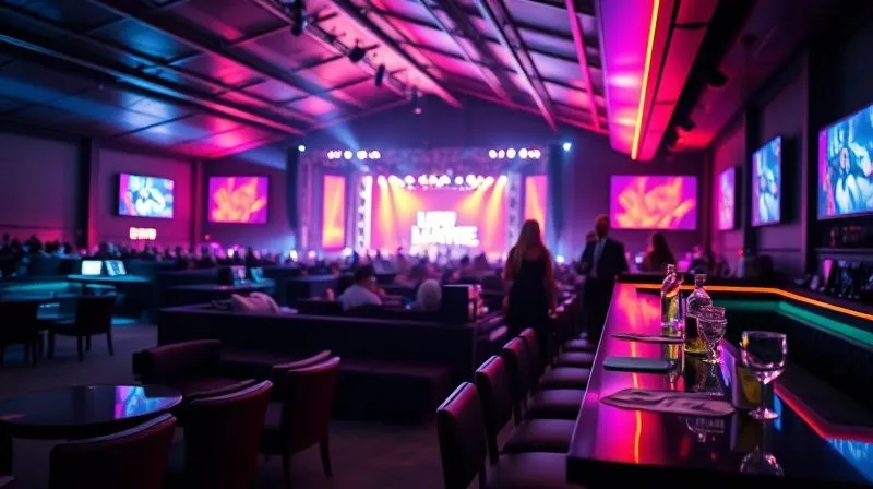 A photorealistic, professional photography shot of a sleek, modern festival VIP lounge area, dimly lit with vibrant neon accents, featuring comfortable seating, a private bar, and a few well-dressed individuals chatting. In the background, a blurred but visible festival stage with energetic lights. Shot on a high-end DSLR, 8K, cinematic lighting, sharp focus on the foreground, depth of field.