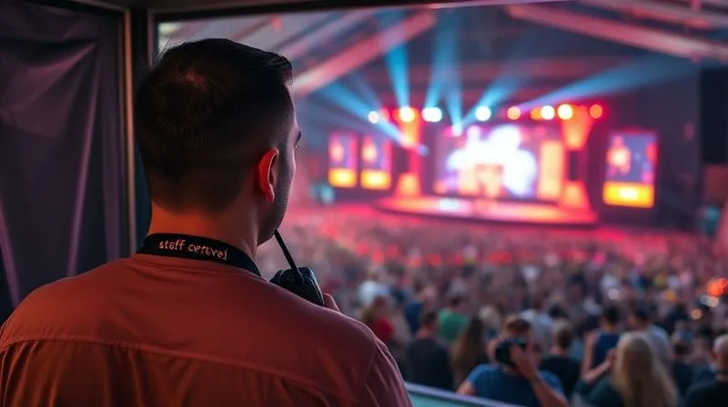 A photorealistic, professional photography shot of a festival crew member, wearing a staff lanyard, looking out from a semi-restricted backstage area onto a vibrant, energetic festival crowd and main stage. The crew member has a walkie-talkie, and the scene is lit with dramatic stage lights and cinematic ambiance. Sharp focus on the crew member, depth of field blurring the background. 8K hyper-detailed.