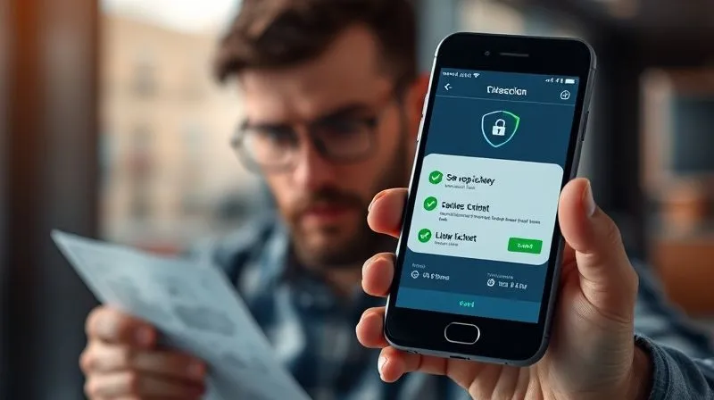 A photorealistic, professional photography shot of a smartphone screen displaying a secure online transaction confirmation, with a blurred background of a worried person looking at a ticket. The screen shows green checkmarks and security icons, emphasizing trust and verification. Shot on a high-end DSLR, 8K, cinematic lighting, sharp focus on the phone screen, depth of field.