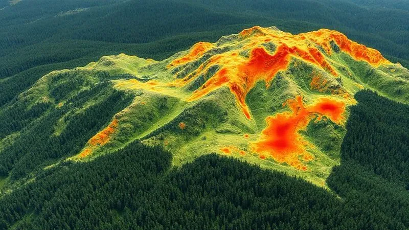 A topographical map of a mountainous, forested region with overlaid cellular signal strength heatmaps showing significant dead zones and patchy coverage, illustrating the challenges of remote connectivity. Photorealistic, professional photography, 8K, cinematic lighting, sharp focus on the map details, depth of field blurring the edges, shot on a high-end DSLR.