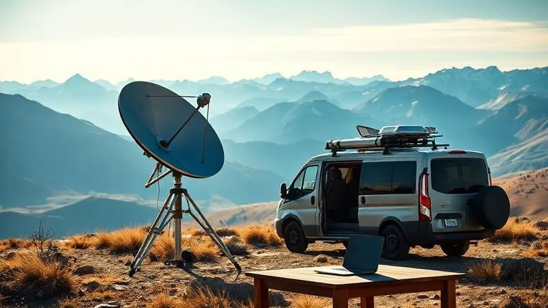 A Starlink dish deployed on a tripod next to a camper van in a vast, pristine wilderness landscape, with a laptop open on a table nearby, demonstrating high-speed internet connectivity in an off-grid location. Photorealistic, professional photography, 8K, cinematic lighting, sharp focus on the Starlink dish and laptop, depth of field blurring the distant mountains, shot on a high-end DSLR.