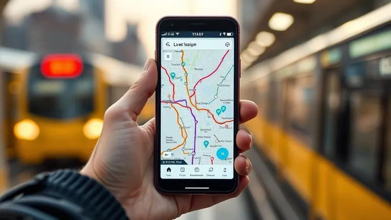 A photorealistic, professional photography, 8K, cinematic lighting, sharp focus, depth of field, shot on a high-end DSLR, of a traveler's hand holding a smartphone displaying a real-time public transit map with colored lines indicating live bus and train locations, with a blurred cityscape in the background. The screen is bright and clear, showing dynamic movement.