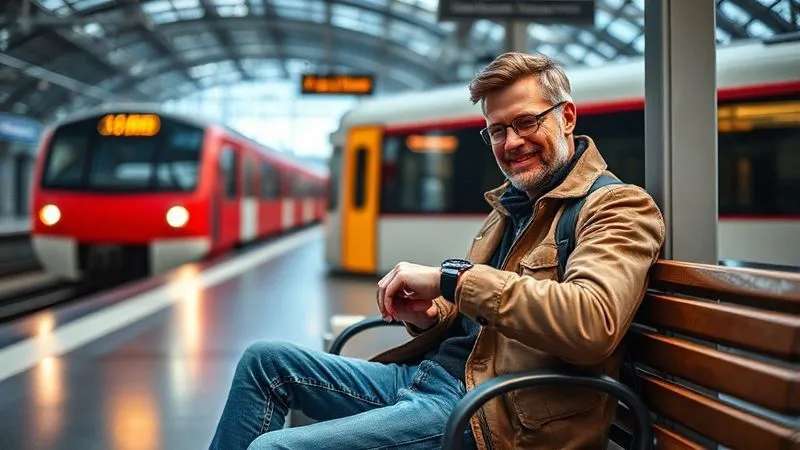 A photorealistic, professional photography, 8K, cinematic lighting, sharp focus, depth of field, shot on a high-end DSLR, of a traveler sitting calmly on a bench at a modern train station, looking relaxed and checking their watch with a slight smile. A train is visible arriving in the background, but the traveler is clearly not rushed. There is a cup of coffee beside them.