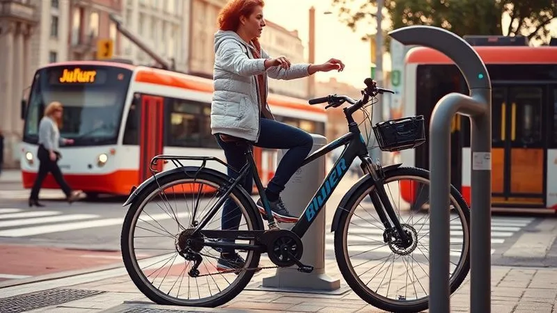 A photorealistic, professional photography, 8K, cinematic lighting, sharp focus, depth of field, shot on a high-end DSLR, of a person confidently dismounting a shared bicycle at a bike dock, with a tram passing in the background and a pedestrian crossing a street. The scene is vibrant and shows seamless integration of different urban transport modes, conveying efficiency and freedom.
