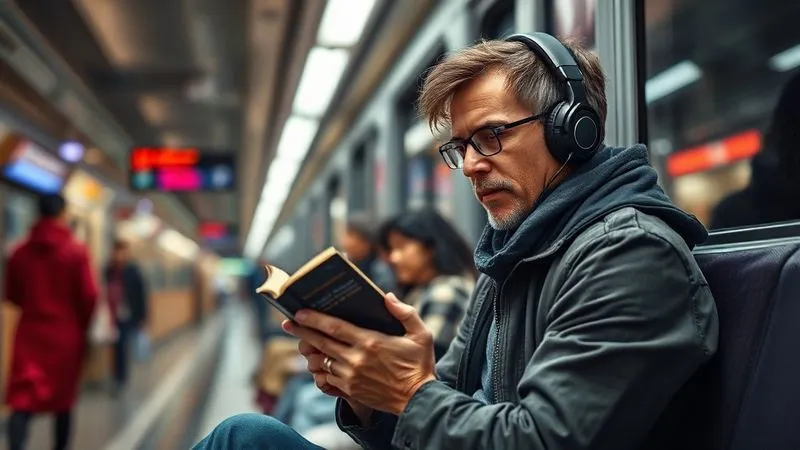 A photorealistic, professional photography, 8K, cinematic lighting, sharp focus, depth of field, shot on a high-end DSLR, of a traveler sitting calmly on a busy public transport platform, headphones on, reading a book on their phone. Despite the surrounding hustle and bustle, their expression is serene and focused, embodying a relaxed and adaptable mindset amidst potential delays.