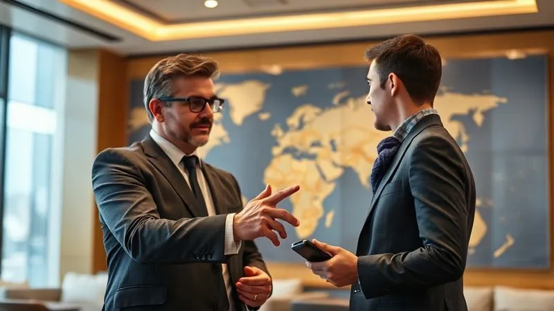 Photorealistic image of a professional travel concierge interacting with a client in a luxurious setting, a world map subtly in the background, sharp focus on their hands pointing at a map, 8K, cinematic lighting, depth of field blurring the background, shot on a high-end DSLR.
