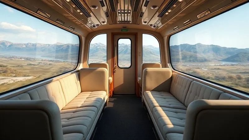 Photorealistic image of a gleaming, bespoke private rail car interior, expansive windows showcasing a stunning natural landscape, empty, awaiting VIPs, 8K, cinematic lighting, sharp focus on the luxurious interior, depth of field blurring the distant scenery, shot on a high-end DSLR.