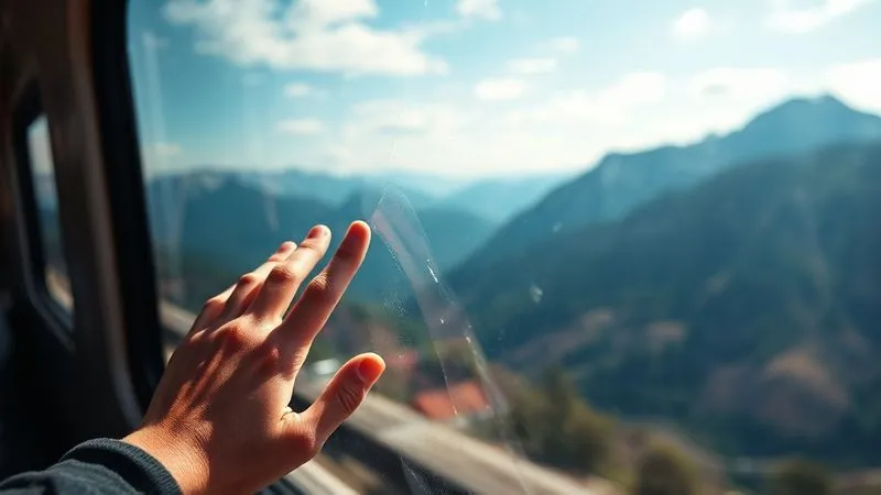 A photorealistic, professional photography, 8K image of a train window with a slight, minor smudge, but the breathtaking mountain landscape beyond is still visible and vibrant. A hand is gently wiping the window, suggesting a quick, efficient solution to a minor issue. Cinematic lighting, sharp focus on the hand and window, depth of field blurring the distant mountains, shot on a high-end DSLR.