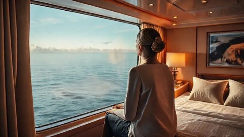 A photorealistic image of a meticulously designed, high-end cruise cabin interior, showing a person looking out at a calm sea, conveying a sense of peace and expectation. Cinematic lighting, sharp focus on the serene atmosphere, 8K, professional photography, depth of field, shot on a high-end DSLR.