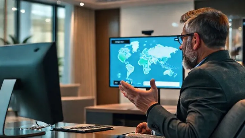 A photorealistic, professional photography, 8K, cinematic lighting shot of a luxury travel advisor on a video call with a client, both looking calm and assured. The advisor is gesturing towards a digital map on their screen, conveying solutions and options. Sharp focus on their faces, conveying trust and empathy, with a blurred background of a high-end office. Shot on a high-end DSLR.