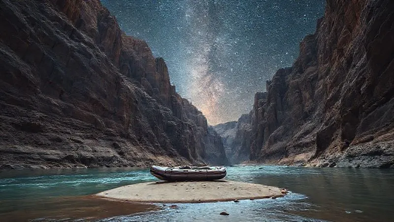 Photorealistic image of a lone white water raft pulled onto a small sandy bank in a remote, rugged river canyon, surrounded by towering, ancient rock formations under a vast, star-filled night sky, conveying profound isolation and the beauty of extreme wilderness, cinematic lighting, sharp focus on the raft, depth of field blurring the distant canyon walls, 8K hyper-detailed.