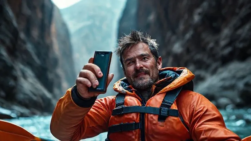Photorealistic image of a seasoned rafter, wearing a PFD, holding a satellite messenger device (like a Garmin InReach) high above their head in a remote river canyon, attempting to get a signal. The background shows dramatic, steep canyon walls and a powerful river, with a sense of urgency and determination on the rafter's face, cinematic lighting, sharp focus on the device and rafter, depth of field blurring the background, 8K hyper-detailed.