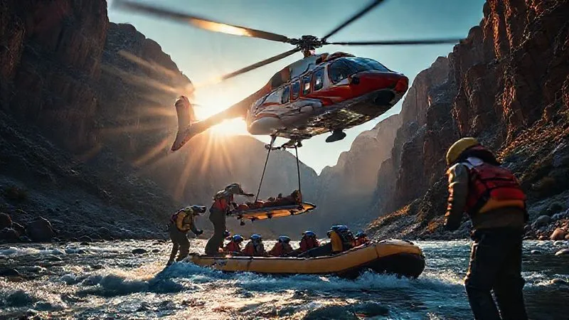 Photorealistic image from a low angle looking up at a rescue helicopter hovering over a white water rafting group on a remote river, a stretcher being carefully loaded by trained rescuers, dramatic lighting of a late afternoon sun, sharp focus on the helicopter and rescue operation, depth of field blurring the distant canyon, 8K hyper-detailed, sense of urgency and relief.